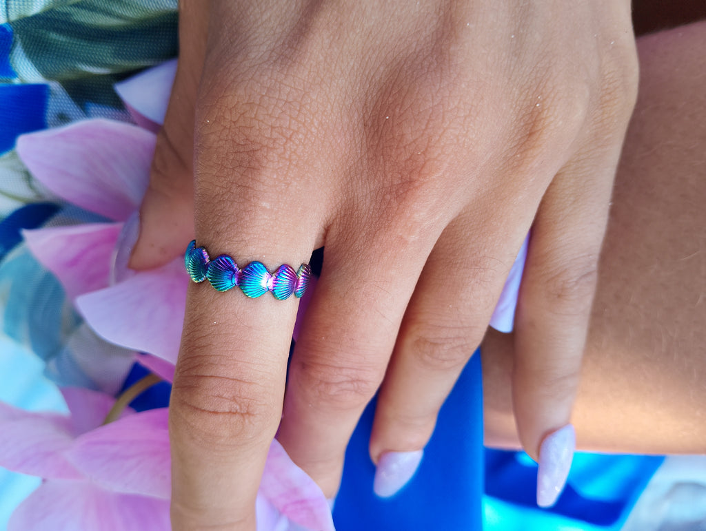 Bague de la Sirène, Coquillages & Acier Inoxydable Ajustable