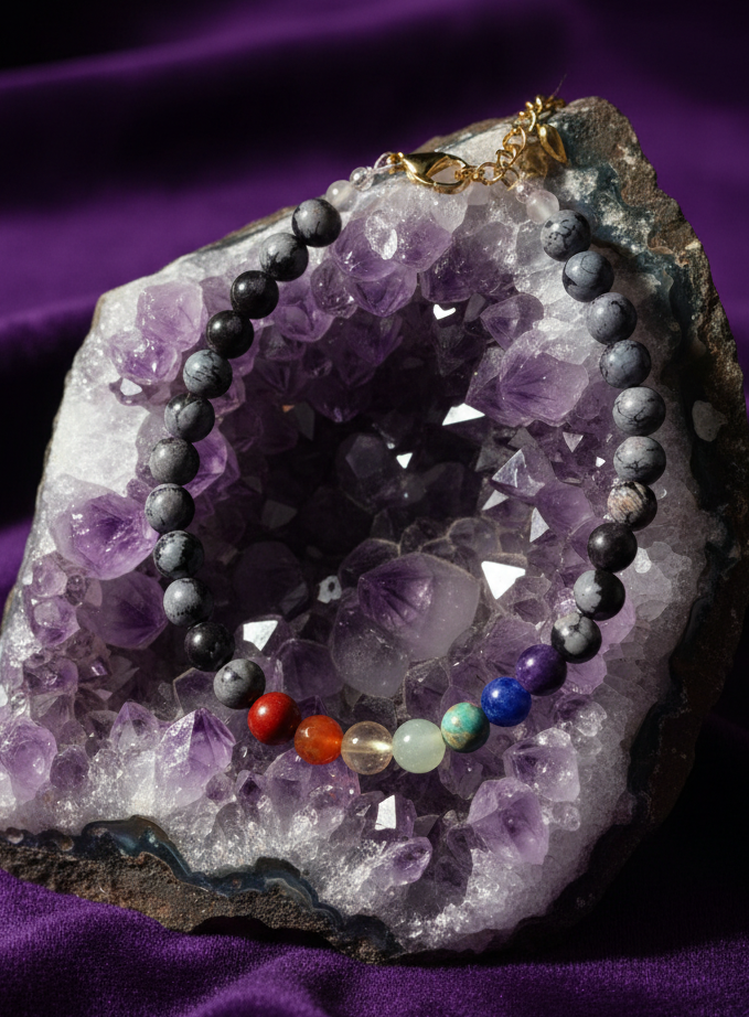 Bracelet 7 chakras - obsidienne flocon de neige