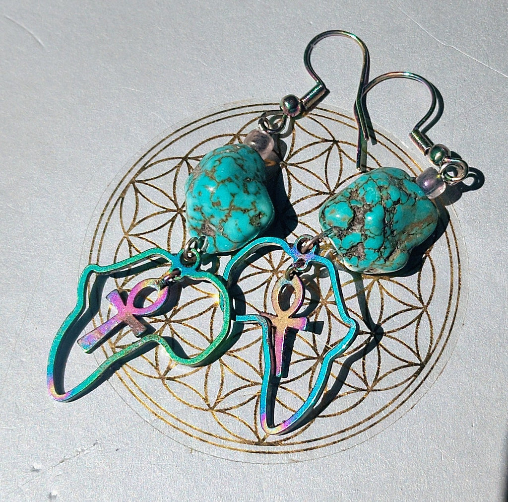 Ta Mery 🩵 Boucles d'oreilles Acier Inoxydable & Turquoise | Ankh