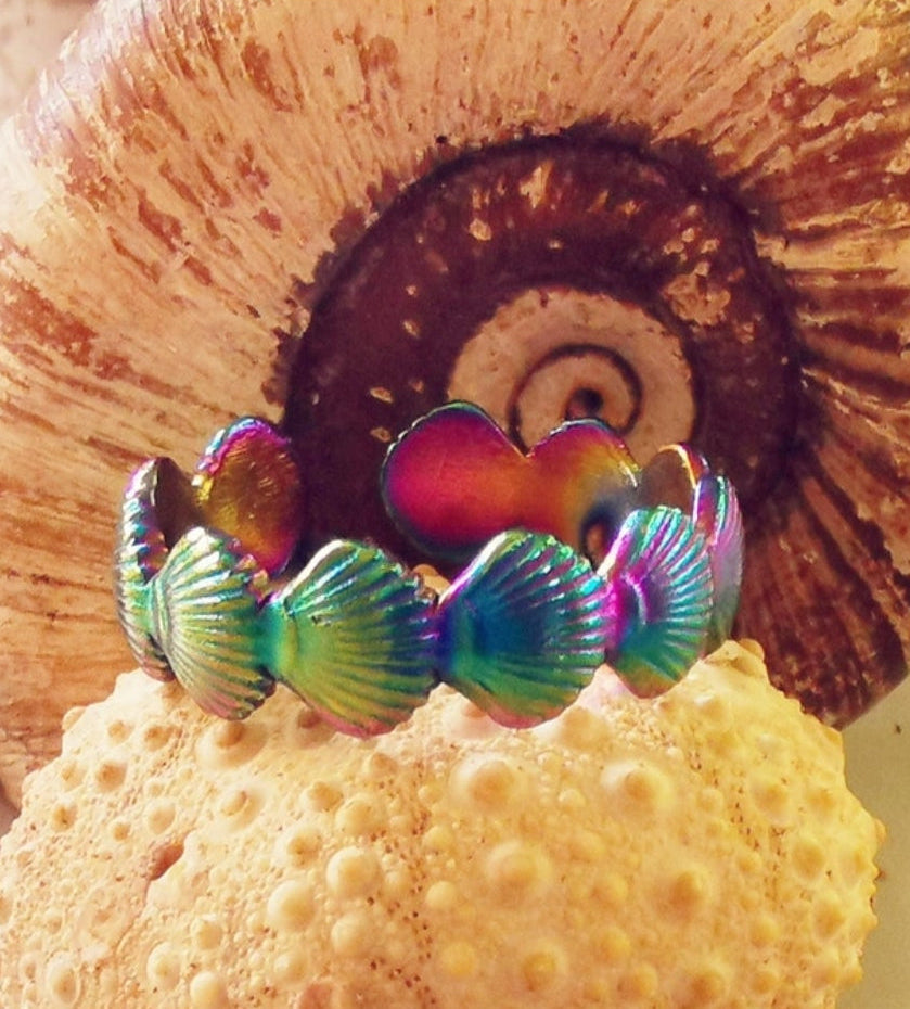 Bague de la Sirène, Coquillages & Acier Inoxydable Ajustable